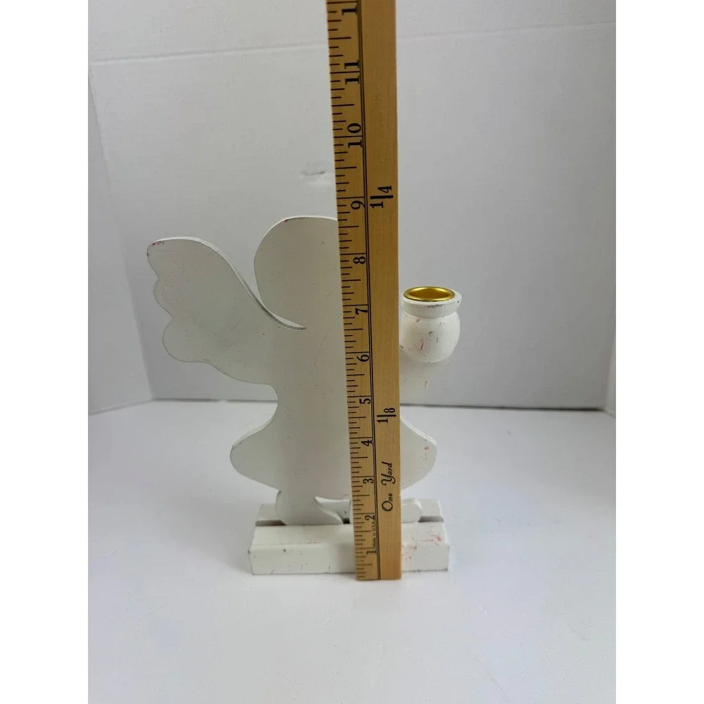 Vintage White Wooden Angel Taper Candle Holder Folk Art Christmas Decor 8.5 Inch